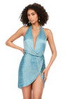Front - Aqua ASHLEYlauren 4620 liquid beaded cocktail dress featuring a deep V-neckline, open back, and elegant wrap skirt for a glamorous old Hollywood-inspired look.