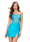 Front - Aqua ASHLEYlauren 4686 strapless cocktail dress featuring a corset bustier embellished with press-on stones, a sleek jersey skirt, and a left leg slit for a classic and glamorous look.