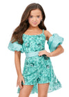 Front - Aqua ASHLEYlauren 8233 fully beaded romper featuring delicate spaghetti straps, detachable puff sleeves, and a dramatic detachable overskirt for a fun and versatile statement look.