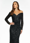 Front - Black ASHLEYlauren 11176 off shoulder sequin gown featuring long sleeves, a fitted silhouette, an inner corset for added structure, and a sweeping train for a dramatic and glamorous look.