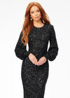 Front - Black ASHLEYlauren 4496 elegant fully sequin gown featuring a crew neckline, bishop sleeves, fitted tea-length skirt, and full zipper back for a sophisticated and timeless look.