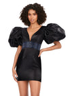 Front - Black ASHLEYlauren 4549 cocktail dress featuring a V-neckline, oversized puff sleeves, heat set stone-embellished waistband, fitted skirt, and center lace-up back for a bold and glamorous look.