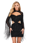 Front - Black ASHLEYlauren 4601 fully beaded cocktail dress featuring a sweetheart neckline, illusion cut outs at the waist, open back, fitted skirt, and long sleeves with fringe for a dramatic and show-stopping look.