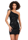 Front - Black ASHLEYlauren 4612 fully sequin cocktail dress featuring a one shoulder neckline with feather details, an intricately beaded bustier, and a fitted skirt for a bold and glamorous look.