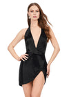 Front - Black ASHLEYlauren 4620 liquid beaded cocktail dress featuring a deep V-neckline, open back, and elegant wrap skirt for a glamorous old Hollywood-inspired look.