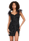 Front - Black ASHLEYlauren 4626 fully beaded cocktail dress featuring a sweetheart neckline, feather-detailed straps, intricate beadwork, and a wrap skirt for a bold and show-stopping look.