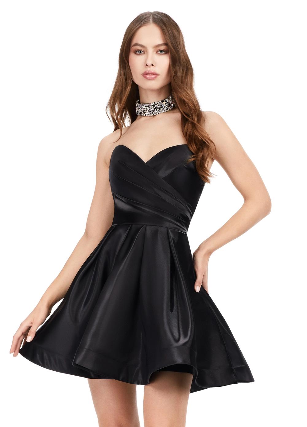 Front - Black ASHLEYlauren 4644 strapless satin cocktail dress featuring a sweetheart neckline, A-line skirt, and a fully beaded choker for an elegant and sophisticated look.