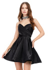 Front - Black ASHLEYlauren 4644 strapless satin cocktail dress featuring a sweetheart neckline, A-line skirt, and a fully beaded choker for an elegant and sophisticated look.