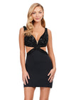 Front - Black ASHLEYlauren 4649 jersey cocktail dress featuring a V-neckline, perfectly placed cutouts, beaded details, lace-up back, and a fitted skirt for a fun and flirty look.