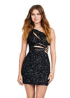 Front - Black ASHLEYlauren 4650 fully sequin cocktail dress featuring a one shoulder neckline, shark bite cut out at the waist with knot details, and a fitted skirt for a bold and glamorous look.