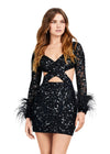 Front - Black ASHLEYlauren 4653 fully beaded cocktail dress featuring a V-neckline, long sleeves trimmed with feathers, bold cutouts, and a fitted skirt for a fun and flirty statement look.