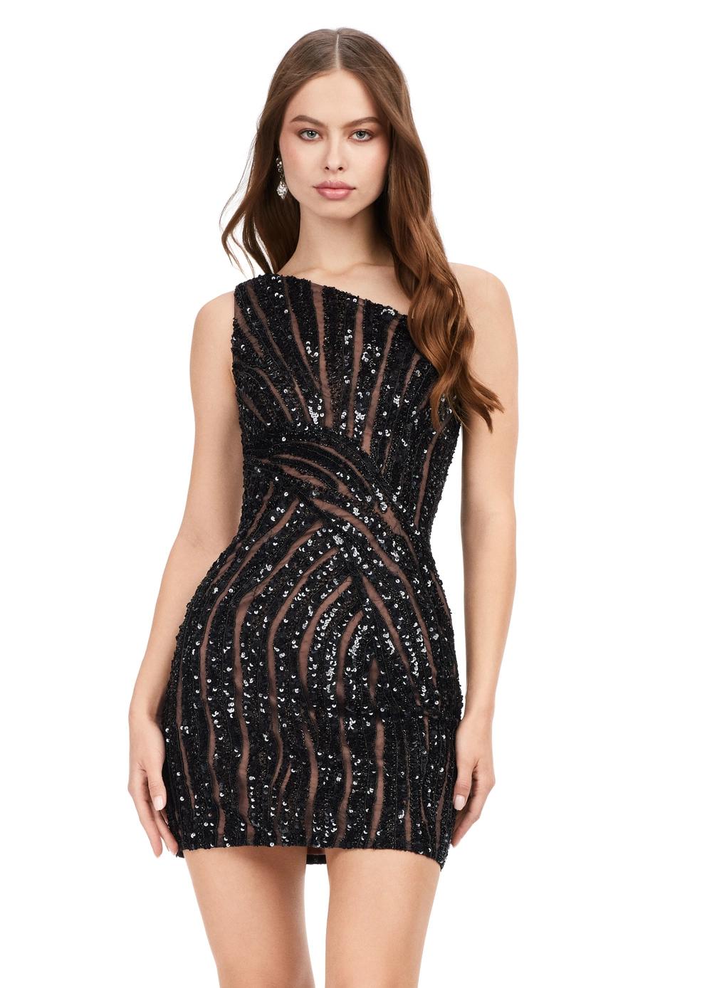 Front - Black/Nude ASHLEYlauren 4627 fully beaded gown featuring a one shoulder neckline, fitted skirt, and lace-up back for a stunning and show-stopping look.