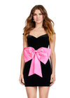 Front - Black/Pink ASHLEYlauren 4643 off shoulder velvet cocktail dress featuring a fitted skirt, satin belt, and oversized bow detail for a chic and elegant look.