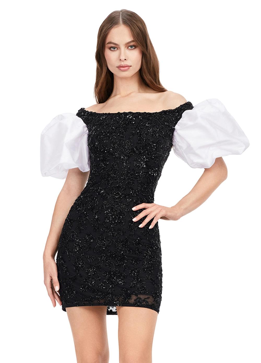 Front - Black/White ASHLEYlauren 4609 off shoulder gown