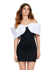 Front - Black/White ASHLEYlauren 4640 off shoulder scuba cocktail dress featuring oversized bow details, off shoulder straps, and a fitted skirt for a chic and elegant look.