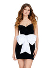 Front - Black/White ASHLEYlauren 4643 off shoulder velvet cocktail dress featuring a fitted skirt, satin belt, and oversized bow detail for a chic and elegant look.