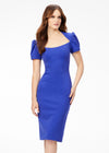 Front - Blue ASHLEYlauren 4534 scuba cocktail dress featuring a modified square neckline, dramatic puff sleeves, fitted tea-length skirt, and full zipper back for a sophisticated and stylish look.