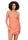 Front - Coral ASHLEYlauren 4625 fully beaded sequin cocktail dress featuring a sweetheart neckline, double spaghetti straps, fitted silhouette, and lace-up back for a glamorous and elegant look.