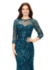Front - Dark teal ASHLEYlauren 11208 Elegant Evening Gown with Crew Neckline, Intricate Hand Beaded Design, Fitted Mesh Sleeves, and High Illusion Back