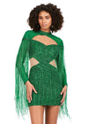 Front - Emerald ASHLEYlauren 4601 fully beaded cocktail dress featuring a sweetheart neckline, illusion cut outs at the waist, open back, fitted skirt, and long sleeves with fringe for a dramatic and show-stopping look.