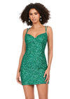 Front - Emerald ASHLEYlauren 4625 fully beaded sequin cocktail dress featuring a sweetheart neckline, double spaghetti straps, fitted silhouette, and lace-up back for a glamorous and elegant look.