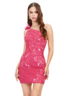 Front - Fuchsia ASHLEYlauren 4612 fully sequin cocktail dress featuring a one shoulder neckline with feather details, an intricately beaded bustier, and a fitted skirt for a bold and glamorous look.