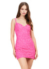 Front - Fuchsia ASHLEYlauren 4625 fully beaded sequin cocktail dress featuring a sweetheart neckline, double spaghetti straps, fitted silhouette, and lace-up back for a glamorous and elegant look.