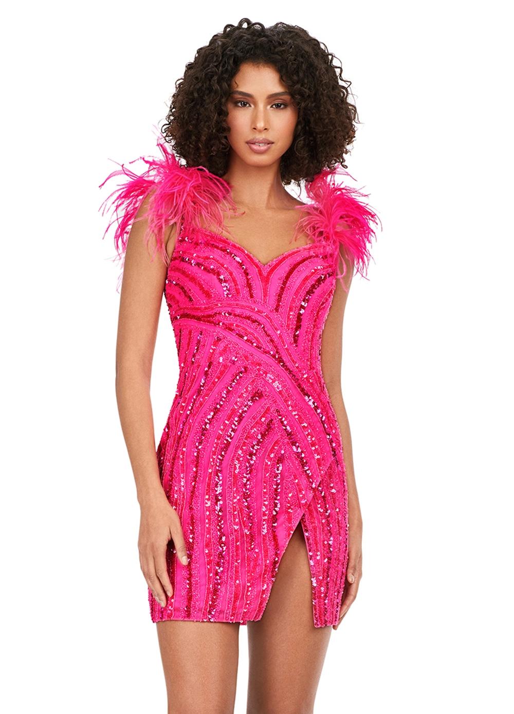 Front - Fuchsia ASHLEYlauren 4626 fully beaded cocktail dress featuring a sweetheart neckline, feather-detailed straps, intricate beadwork, and a wrap skirt for a bold and show-stopping look.