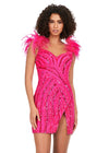 Front - Fuchsia ASHLEYlauren 4626 fully beaded cocktail dress featuring a sweetheart neckline, feather-detailed straps, intricate beadwork, and a wrap skirt for a bold and show-stopping look.