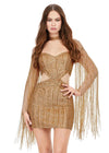 Front - Gold ASHLEYlauren 4601 fully beaded cocktail dress featuring a sweetheart neckline, illusion cut outs at the waist, open back, fitted skirt, and long sleeves with fringe for a dramatic and show-stopping look.