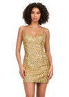 Front - Gold ASHLEYlauren 4625 fully beaded sequin cocktail dress featuring a sweetheart neckline, double spaghetti straps, fitted silhouette, and lace-up back for a glamorous and elegant look.