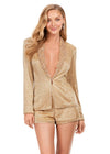 Front - Gold ASHLEYlauren 4632 fully liquid beaded two-piece romper featuring a V-neckline, crystal and chunky stone-embellished lapel, and a bold, statement-making design perfect for any glamorous event.