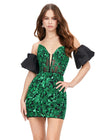 Front - Green ASHLEYlauren 4614 fully beaded cocktail dress featuring a strapless corset bustier, intricate beadwork, and dramatic taffeta puff sleeves for an elegant and standout look.