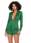 Front - Green ASHLEYlauren 4632 fully liquid beaded two-piece romper featuring a V-neckline, crystal and chunky stone-embellished lapel, and a bold, statement-making design perfect for any glamorous event.
