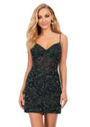 Front - Green/Black ASHLEYlauren 4605 fully beaded cocktail dress featuring a sweetheart neckline, delicate spaghetti straps, a floral bead pattern, and a fitted skirt for a romantic and elegant look.