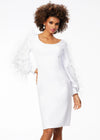 Front - Ivory ASHLEYlauren 4545 elegant scuba cocktail dress featuring a scoop neckline, bishop sleeves embellished with scattered crystals and feathers, a fitted tea-length skirt, and a full zipper back for a sophisticated finish.
