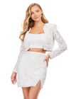 Front - Ivory ASHLEYlauren 4618 three piece set featuring a fully liquid beaded crop top, intricately beaded jacket, and a fitted skirt with a slit for a bold and fashionable statement look.