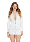 Front - Ivory ASHLEYlauren 4632 fully liquid beaded two-piece romper featuring a V-neckline, crystal and chunky stone-embellished lapel, and a bold, statement-making design perfect for any glamorous event.