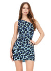 Front - Light Blue ASHLEYlauren 4630 fully beaded cocktail dress featuring a one shoulder neckline, hand-beaded cheetah design, fitted skirt, and lace-up back for a bold and standout look.