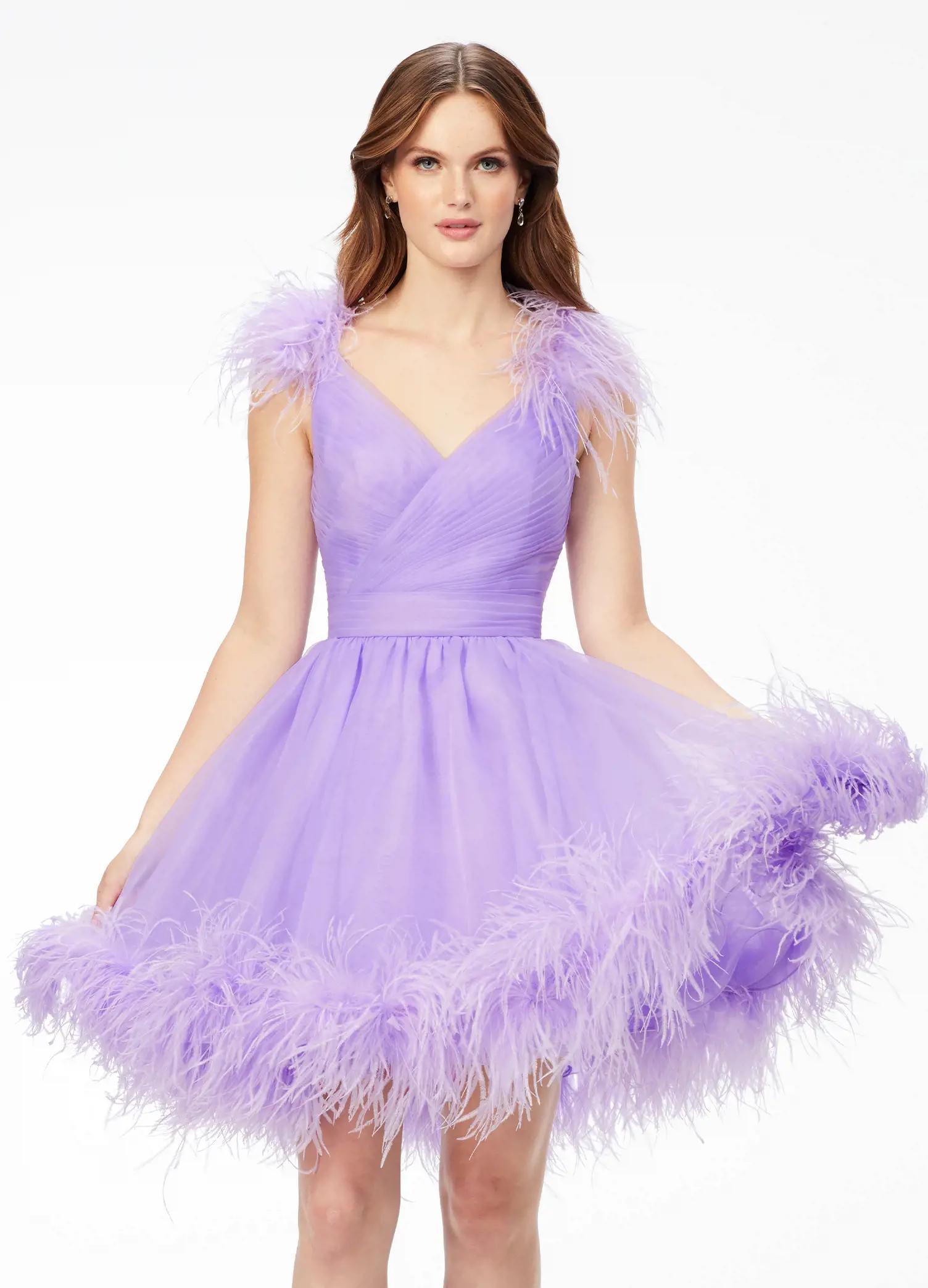 Front - Lilac ASHLEYlauren 4544 organza A-line cocktail dress featuring a ruched V-neckline bustier, feather-detailed straps, a ruched waistline, and an A-line skirt trimmed in feathers for an elegant and whimsical finish.