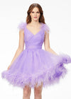 Front - Lilac ASHLEYlauren 4544 organza A-line cocktail dress featuring a ruched V-neckline bustier, feather-detailed straps, a ruched waistline, and an A-line skirt trimmed in feathers for an elegant and whimsical finish.