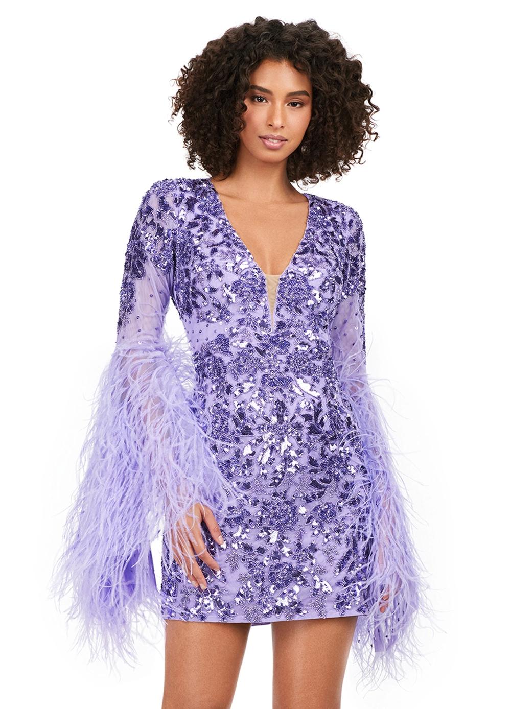 Front - Lilac ASHLEYlauren 4603 fully beaded cocktail dress featuring a V-neckline, feather-adorned flare sleeves, full back, and fitted skirt for a bold and glamorous statement look.