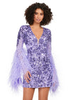 Front - Lilac ASHLEYlauren 4603 fully beaded cocktail dress featuring a V-neckline, feather-adorned flare sleeves, full back, and fitted skirt for a bold and glamorous statement look.