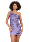 Front - Lilac ASHLEYlauren 4612 fully sequin cocktail dress featuring a one shoulder neckline with feather details, an intricately beaded bustier, and a fitted skirt for a bold and glamorous look.