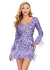 Front - Lilac ASHLEYlauren 4616 fully sequin cocktail dress featuring a V-neckline, open back, fitted skirt, and feather details along the skirt and sleeves for a luxurious and dramatic look.