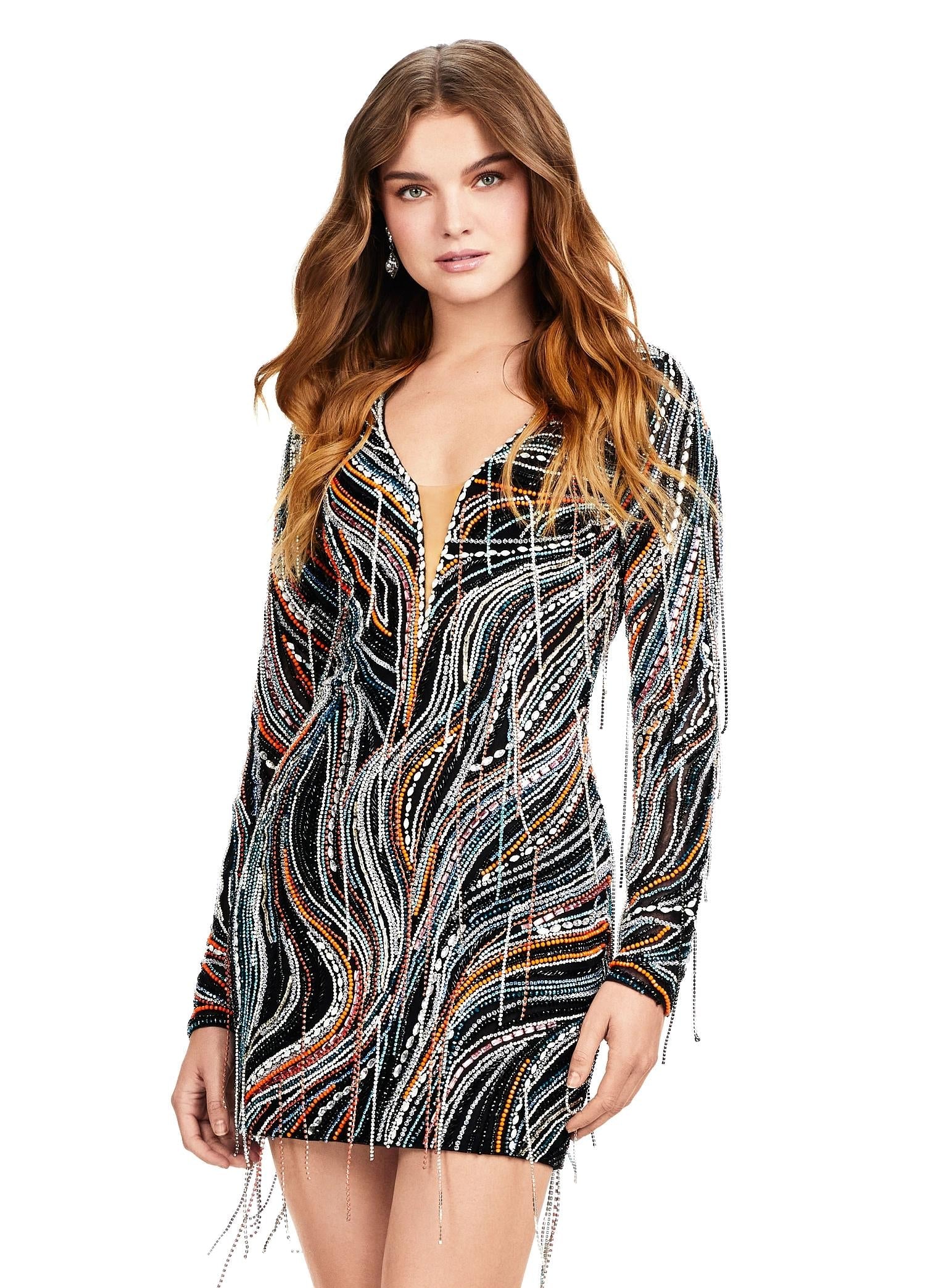 Front - Multi/Black ASHLEYlauren 4658 fully beaded cocktail dress featuring a plunging V-neckline, long sleeves, and fringe details for a bold and regal statement look.