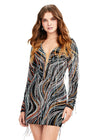 Front - Multi/Black ASHLEYlauren 4658 fully beaded cocktail dress featuring a plunging V-neckline, long sleeves, and fringe details for a bold and regal statement look.