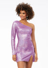 Front - Orchid ASHLEYlauren 4455 fitted cocktail dress featuring a one shoulder neckline with a single sleeve, fully sequin fabric, mini left leg slit, and full zipper back for a sleek and glamorous look.