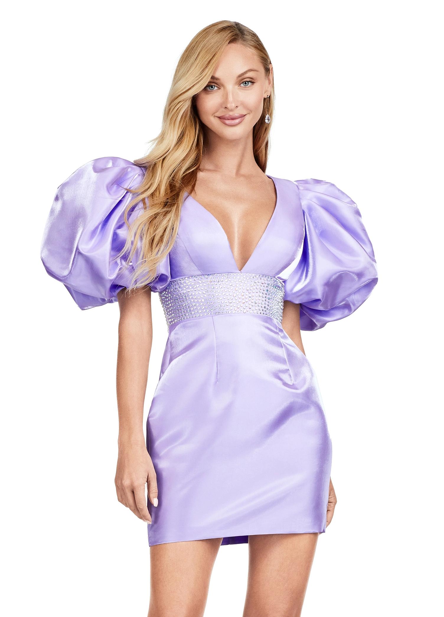 Front - Orchid ASHLEYlauren 4549  cocktail dress featuring a V-neckline, oversized puff sleeves, heat set stone-embellished waistband, fitted skirt, and center lace-up back for a bold and glamorous look.