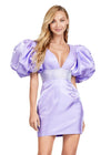 Front - Orchid ASHLEYlauren 4549  cocktail dress featuring a V-neckline, oversized puff sleeves, heat set stone-embellished waistband, fitted skirt, and center lace-up back for a bold and glamorous look.